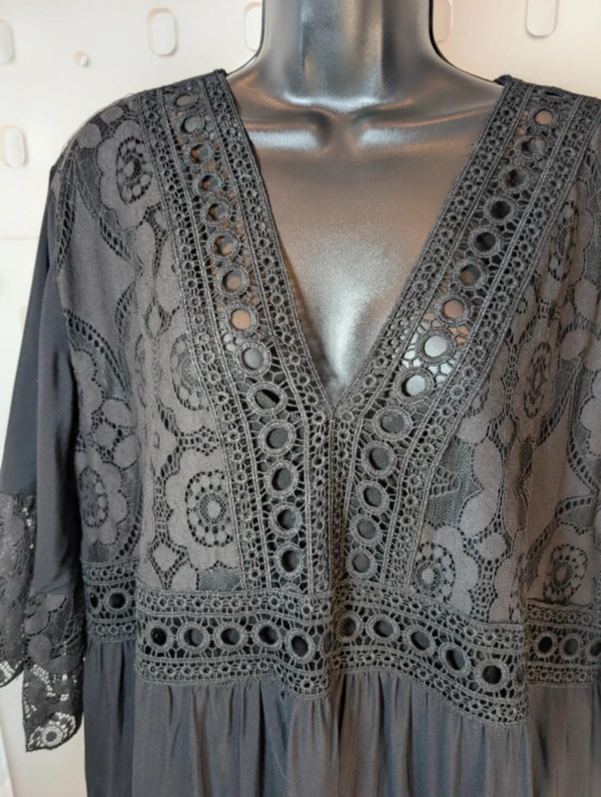 Black Lace Dress – Flared Sleeves V Neck – Sheer Detail – Gothic Summer One Size