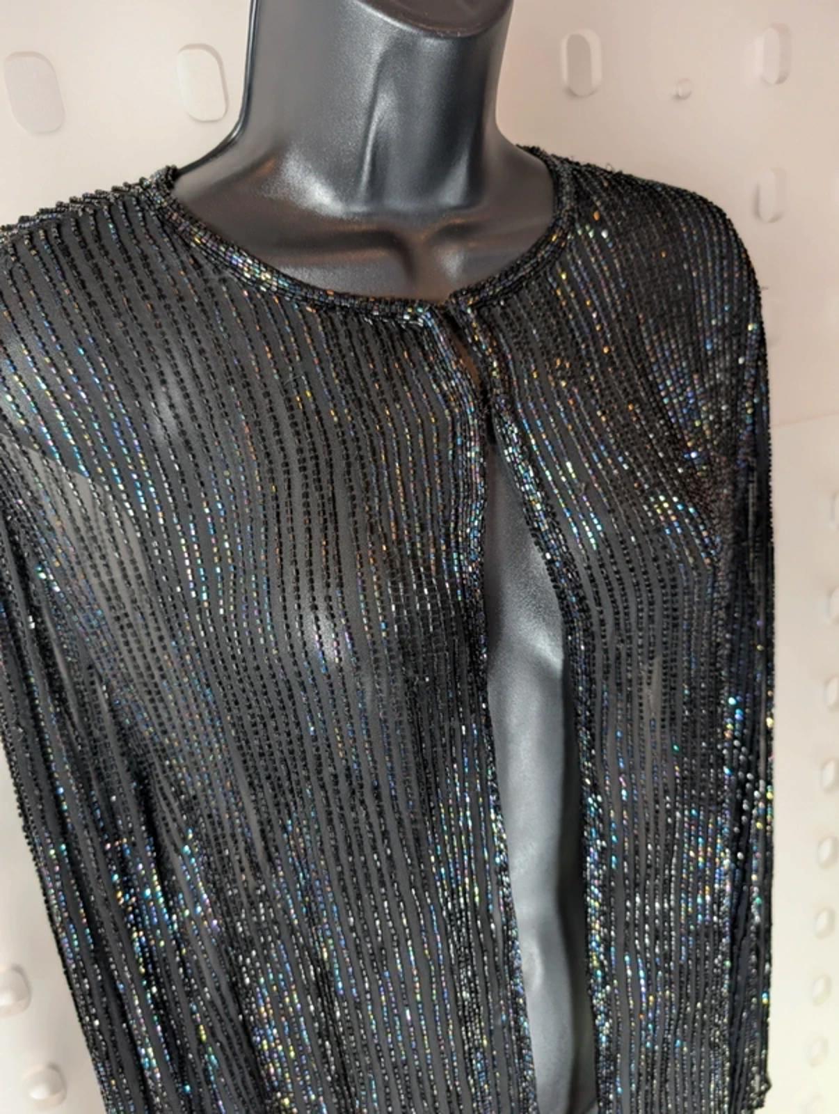 AS by Ronald Joyce Black Beaded Silk Cardigan Sheer Evening Layer M