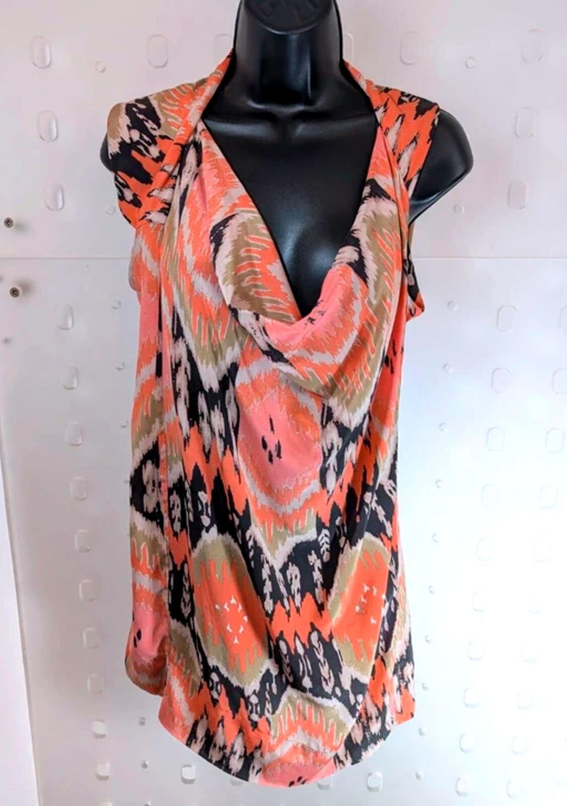 AllSaints Audrina Silk Top Asymmetric Drape Coral Black UK6