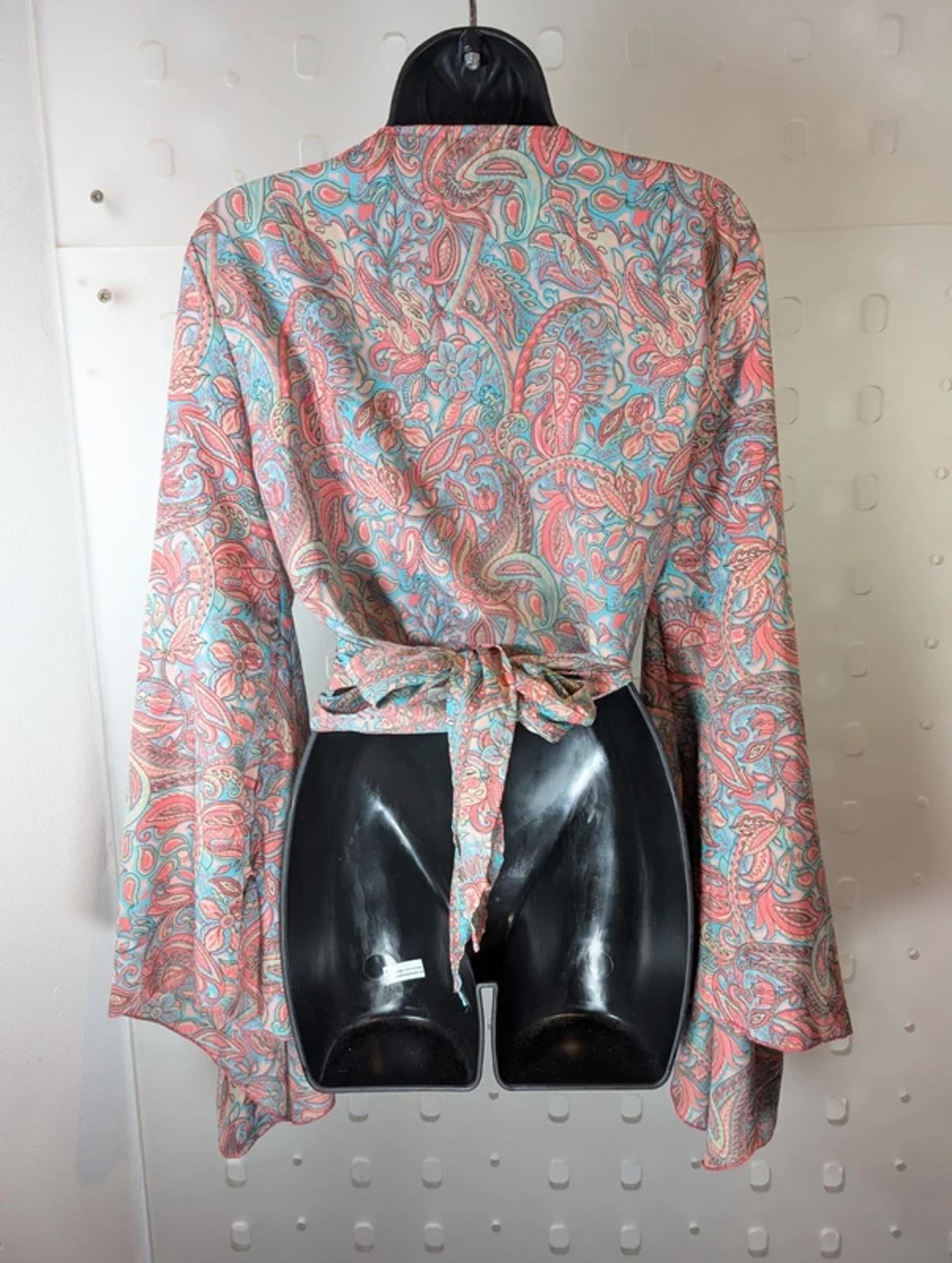 100% Silk Paisley Wrap Top | Coral & Blue | Boho Flared Sleeve