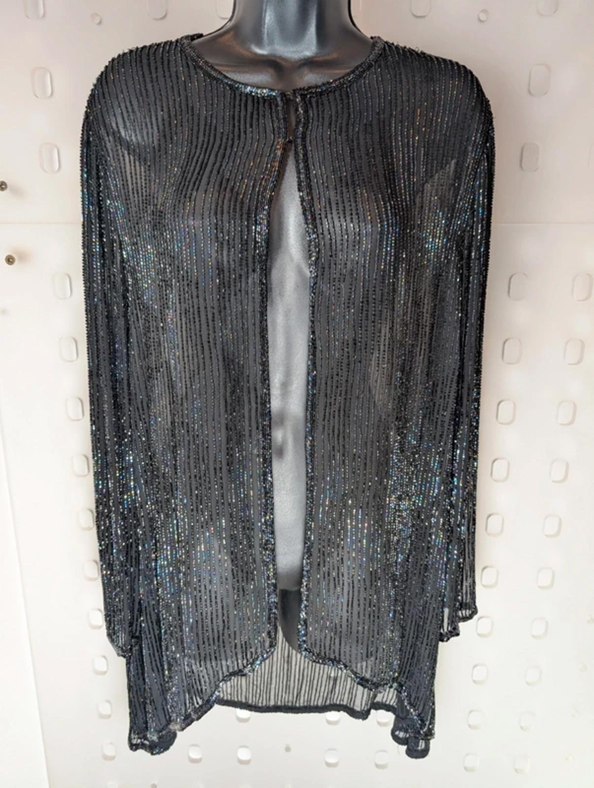 AS by Ronald Joyce Black Beaded Silk Cardigan Sheer Evening Layer M