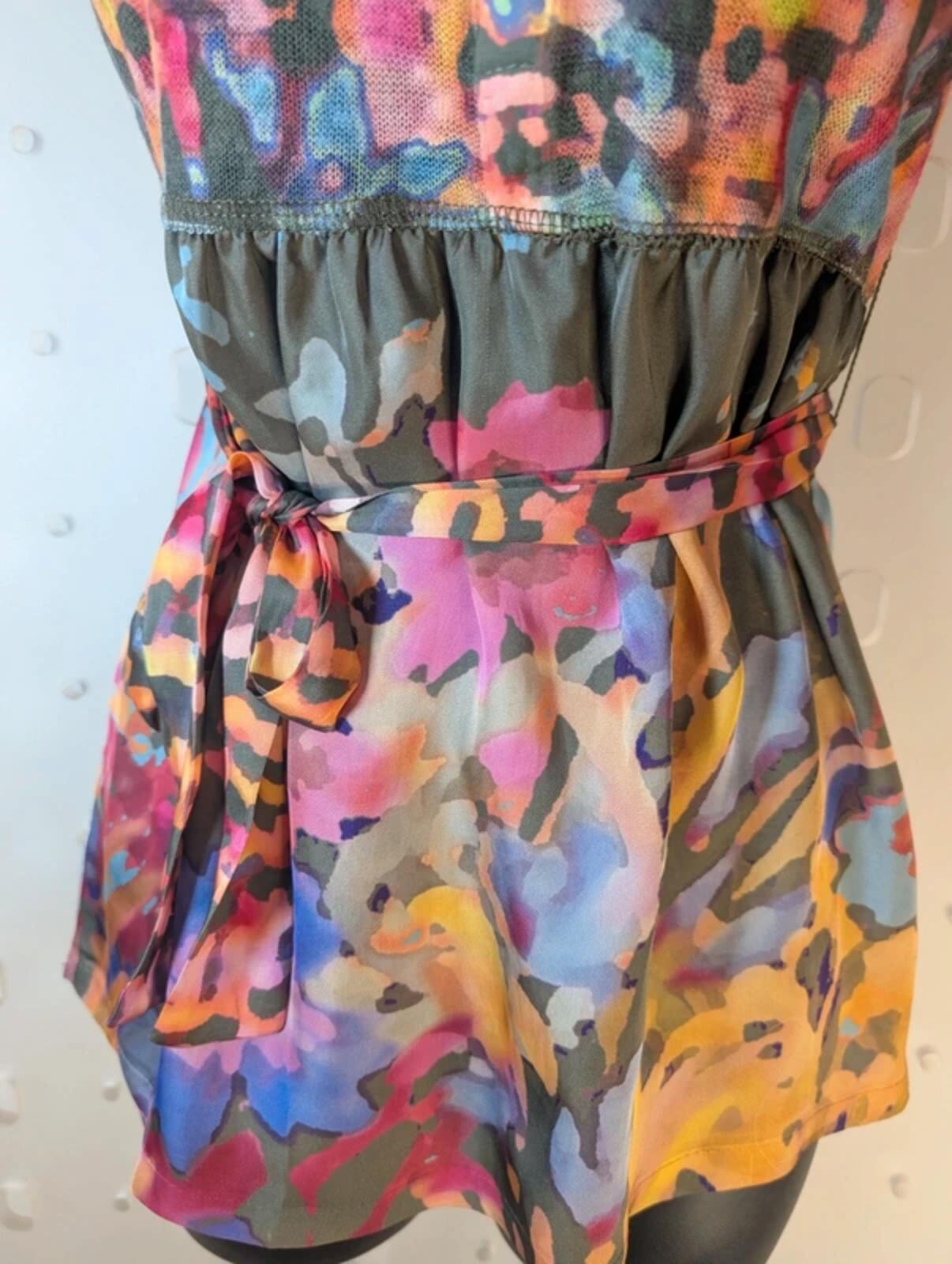 Adolfo Domínguez Tie Waist Top – Satin & Knit Rainbow Camo – XS