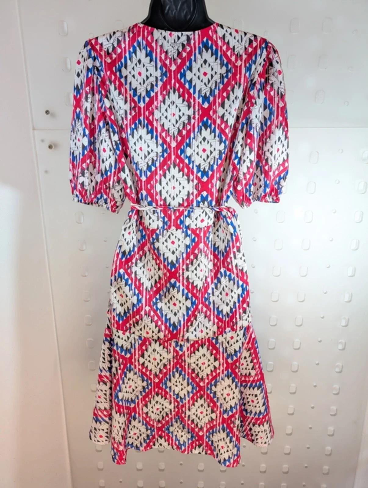 Guess Satin Wrap Dress – Puff Sleeve Tie Waist – Printed Midi – S