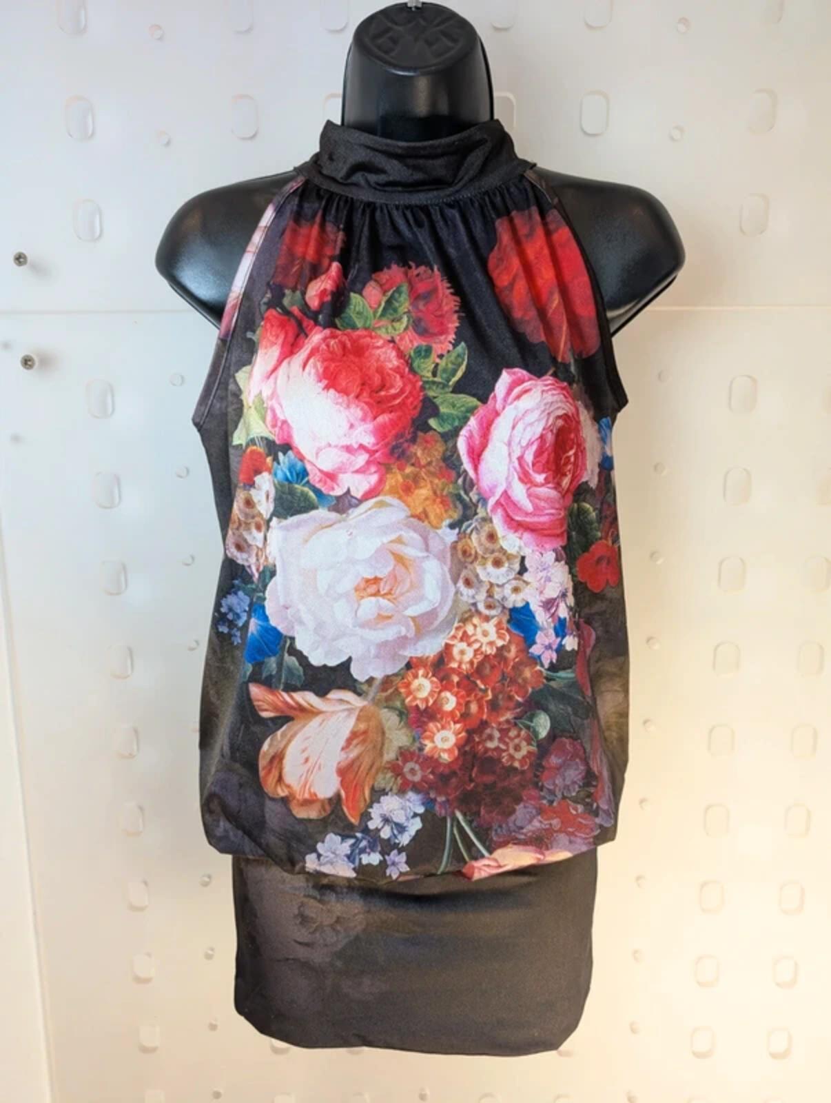 Dark Floral Halter Neck Mini Dress – Keyhole Back – Made in Spain – UK S