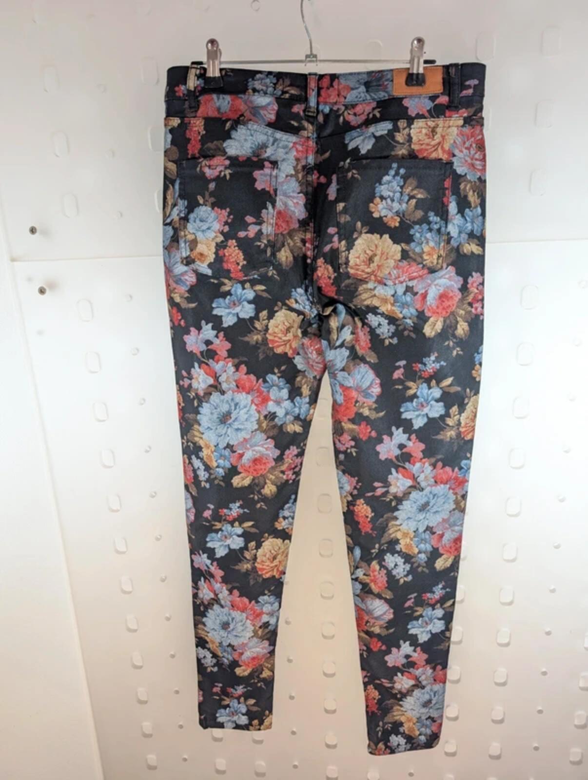 Dark Floral Jeans – High Waist Straight Leg – Statement Print – UK 10