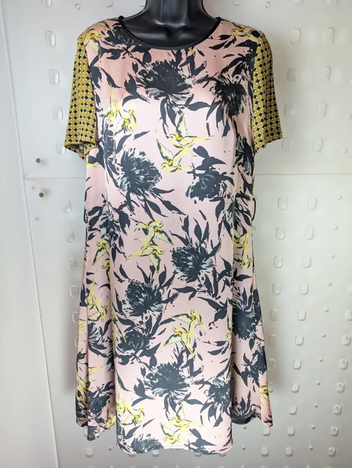 Avoca Anthology Dublin Bird Print Dress Size 2 Contrast Sleeve Artsy Floral