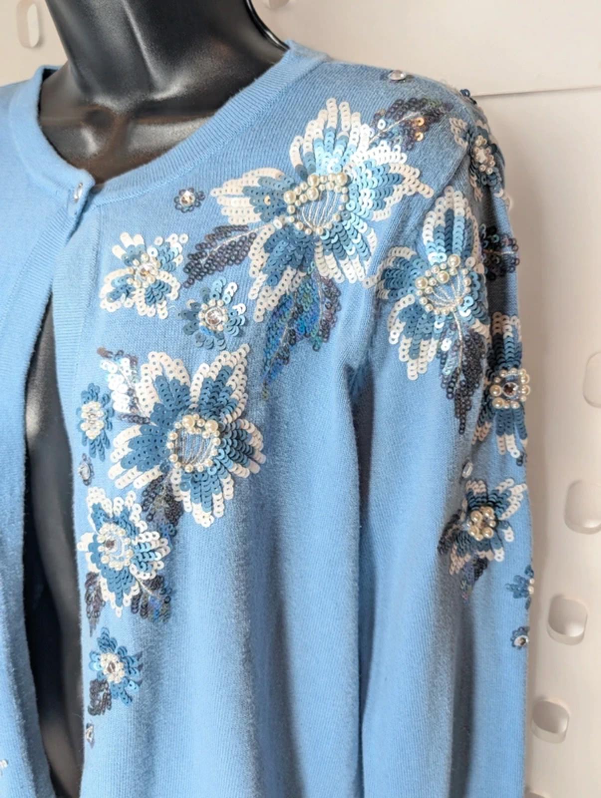 Bob Mackie Wearable Art Embellished Cardigan Size M - Floral Blue Cotton