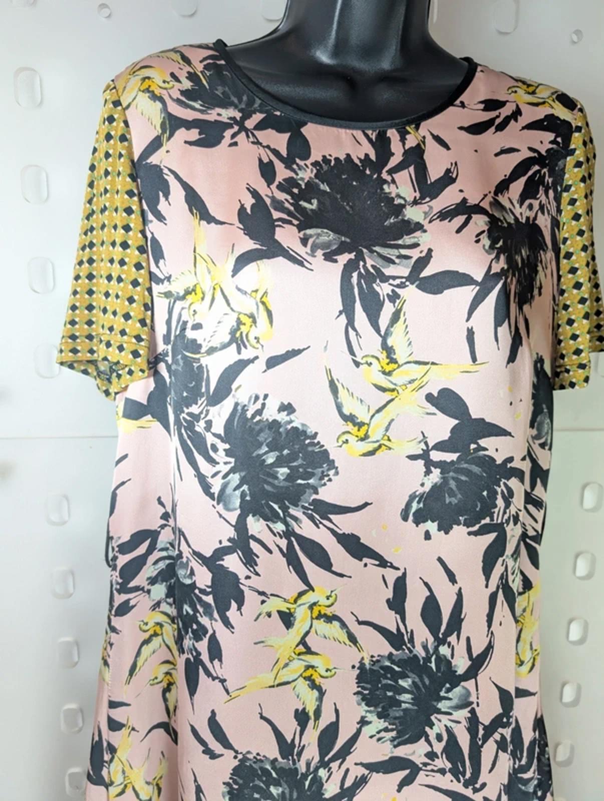 Avoca Anthology Dublin Bird Print Dress Size 2 Contrast Sleeve Artsy Floral