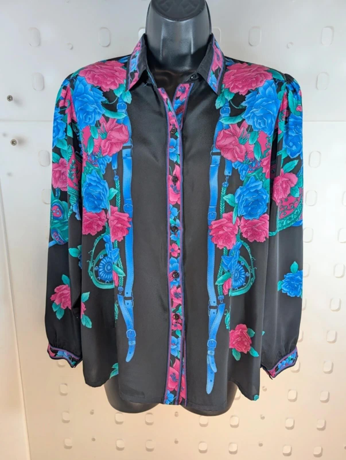 Dae Ho Vintage Floral Equestrian Blouse – Black – Puff Sleeve – UK 10/12