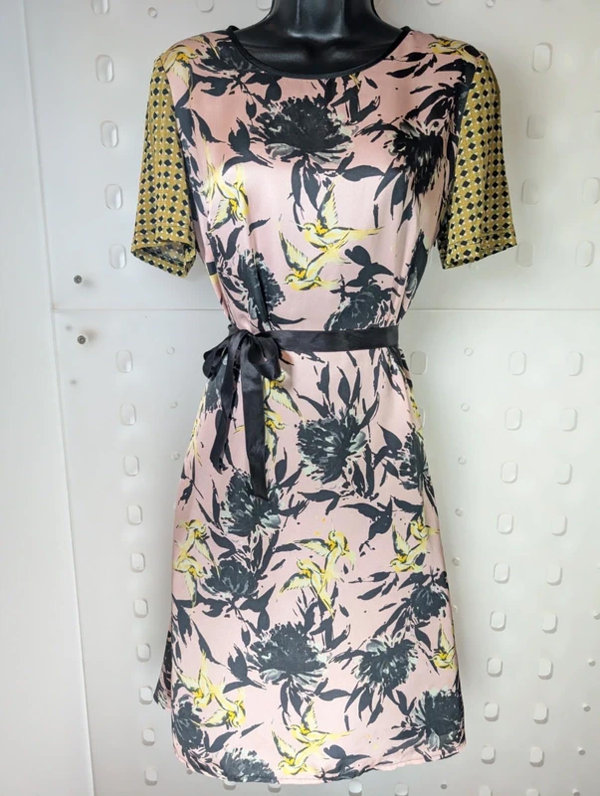 Avoca Anthology Dublin Bird Print Dress Size 2 Contrast Sleeve Artsy Floral