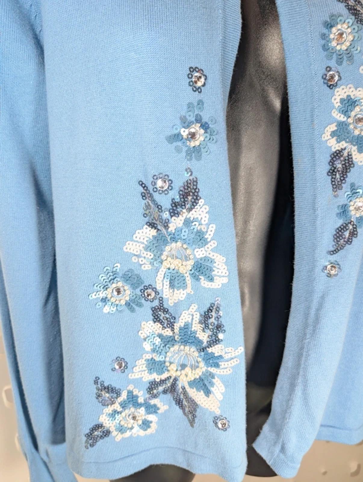 Bob Mackie Wearable Art Embellished Cardigan Size M - Floral Blue Cotton
