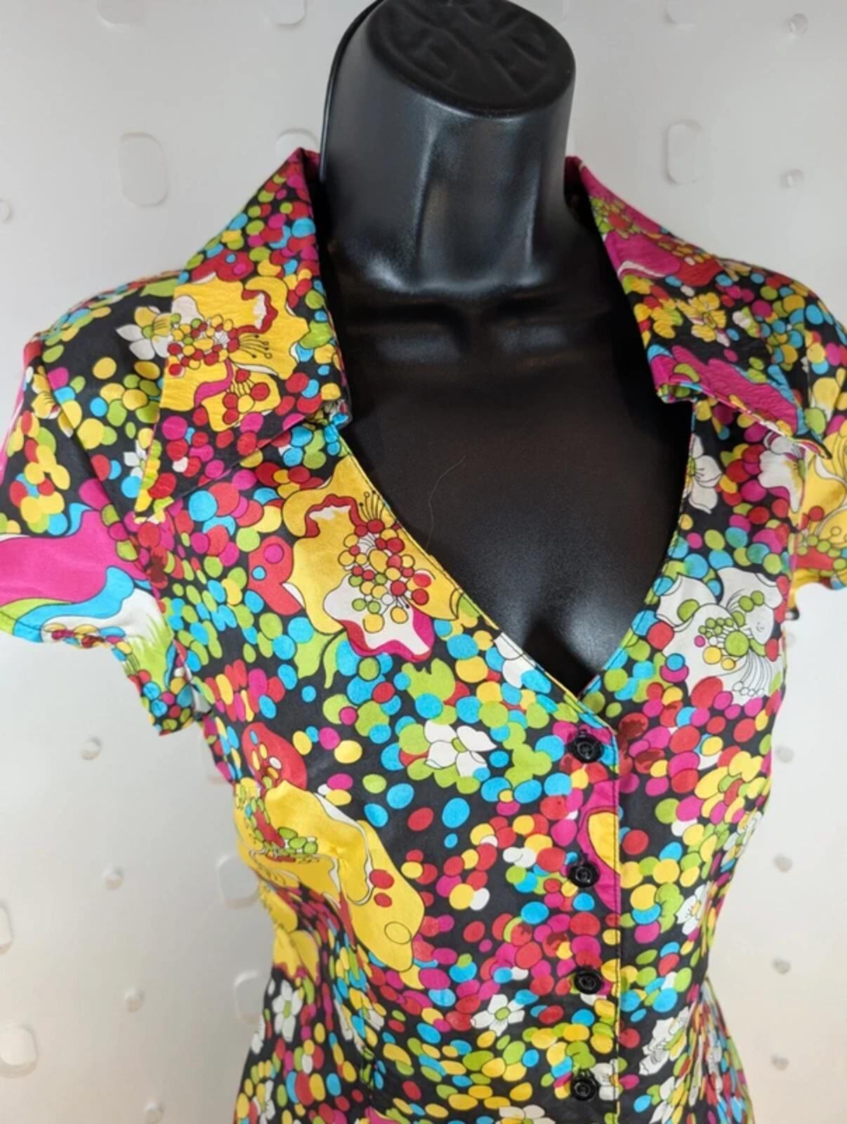 Axara Paris Silk Blouse XS Colourful Print Statement Collar Fitted 70s Inspired