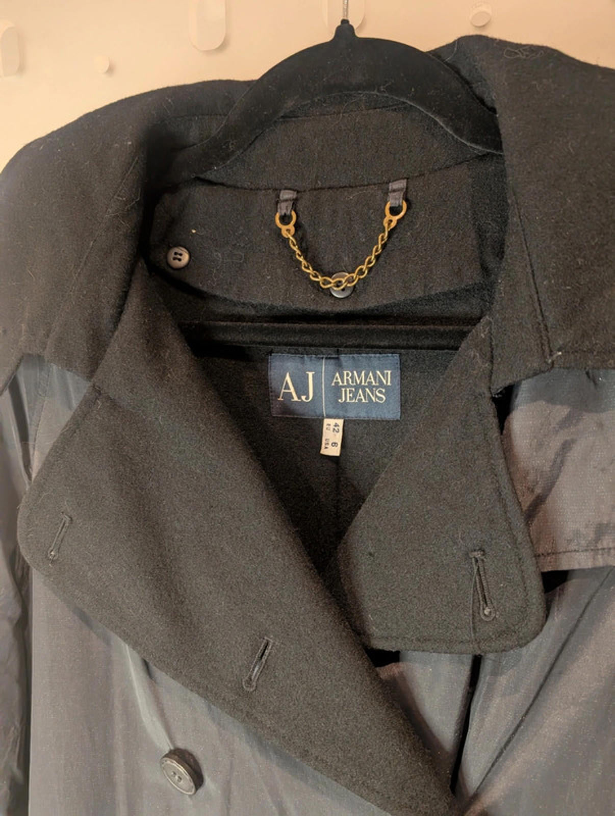 Armani Jeans Black Trench Coat with Removable Lining – Size 42 (UK 10 / US 6)