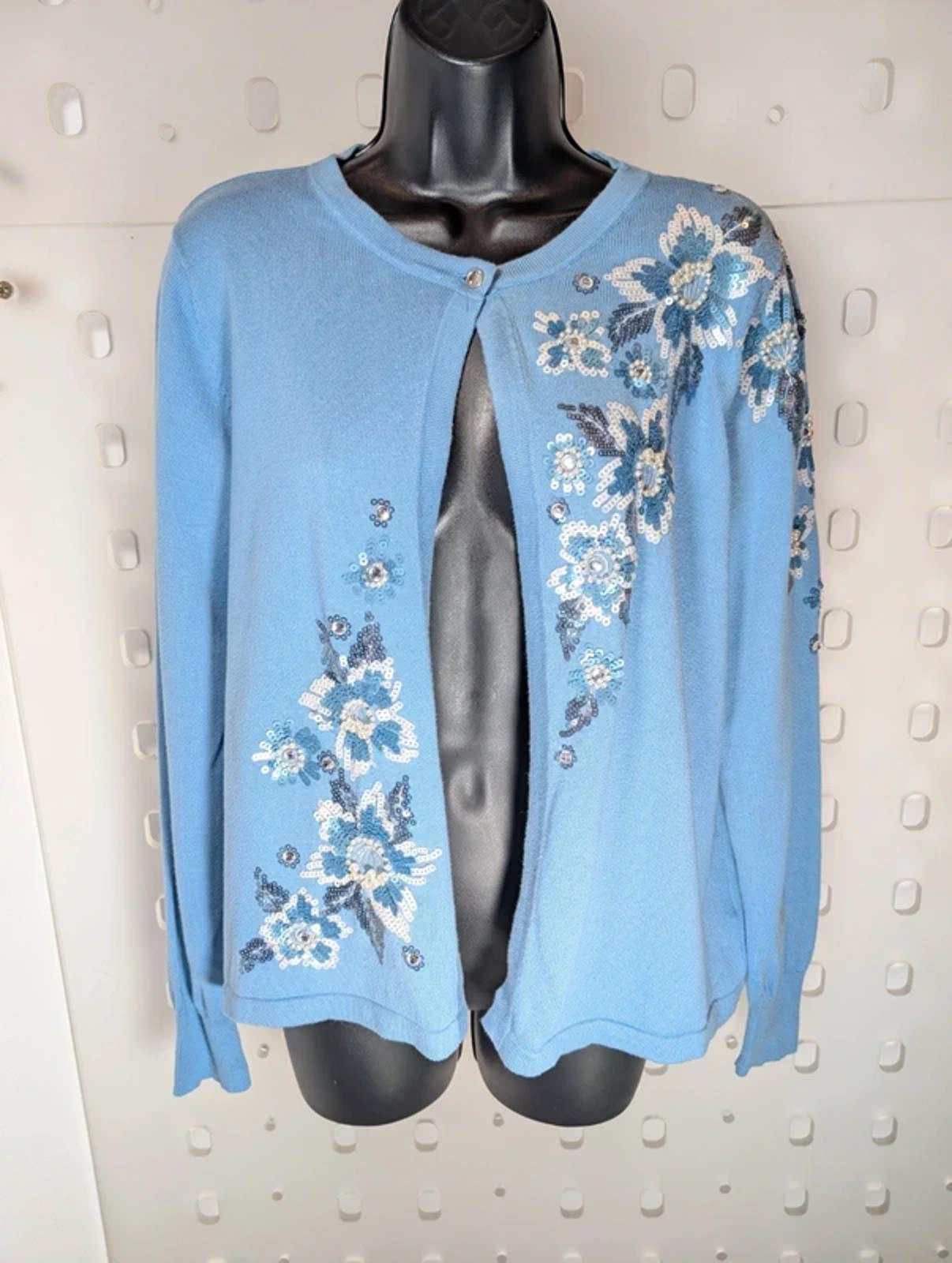 Bob Mackie Wearable Art Embellished Cardigan Size M - Floral Blue Cotton