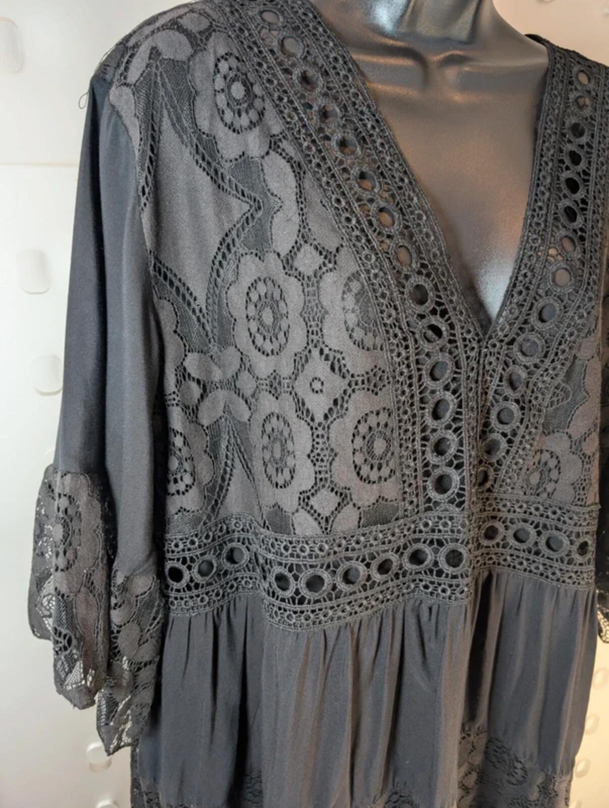 Black Lace Dress – Flared Sleeves V Neck – Sheer Detail – Gothic Summer One Size