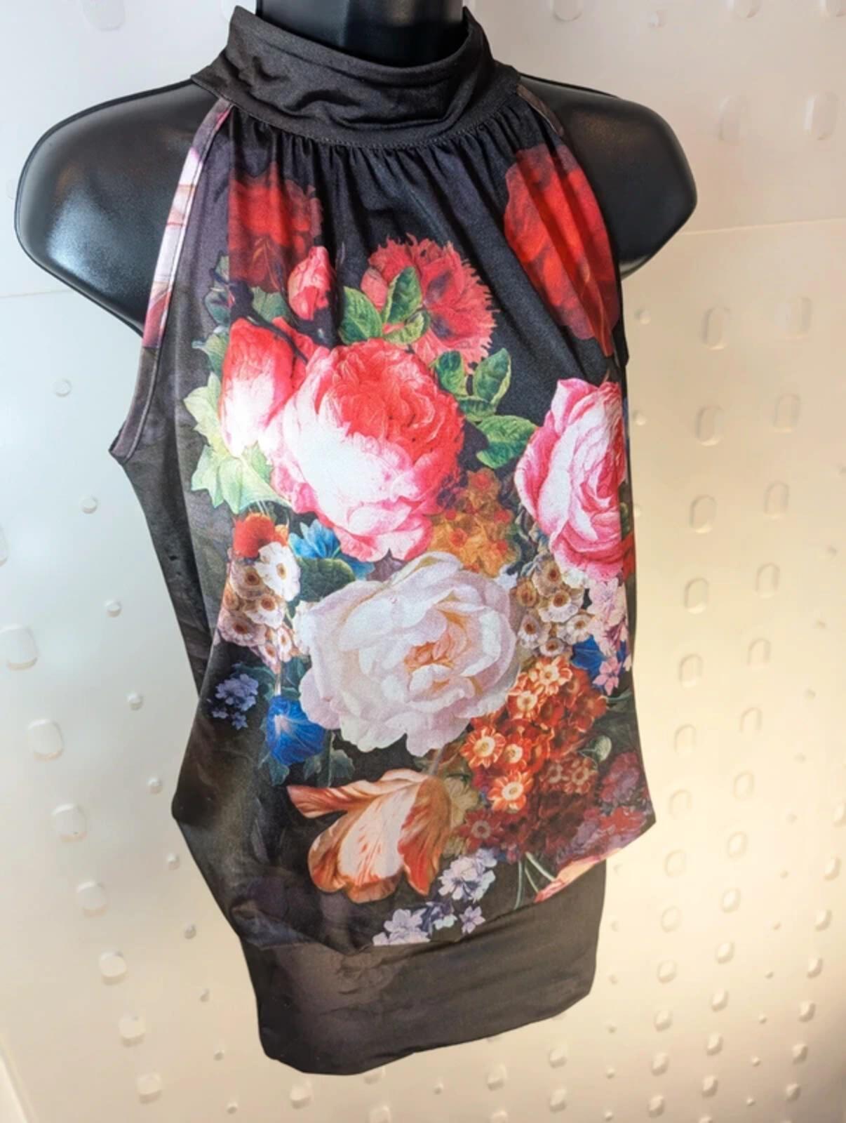 Dark Floral Halter Neck Mini Dress – Keyhole Back – Made in Spain – UK S