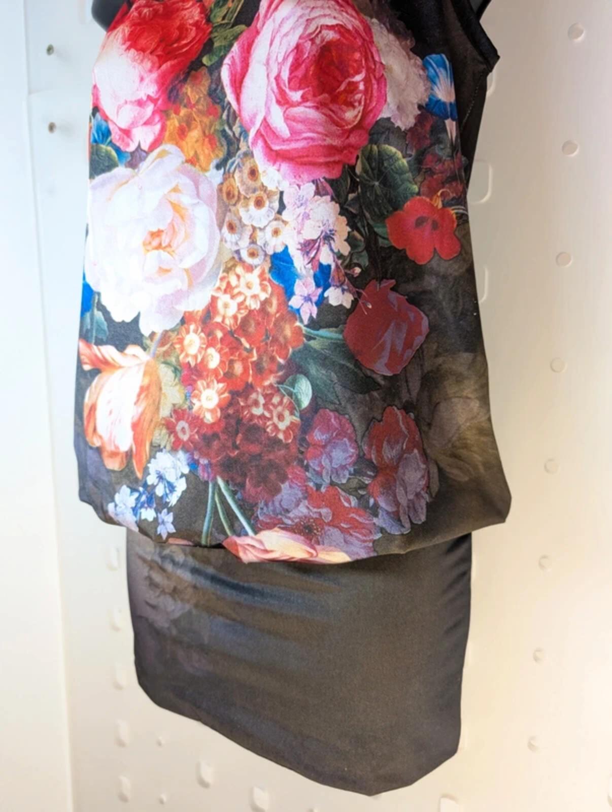 Dark Floral Halter Neck Mini Dress – Keyhole Back – Made in Spain – UK S