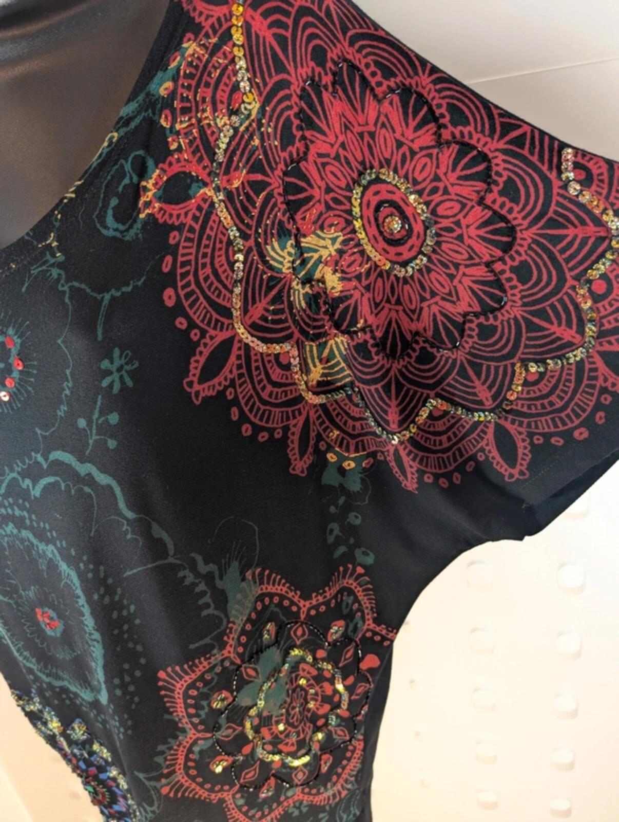 Desigual Batwing Floral Longline Tee – Black Viscose – Size S/M