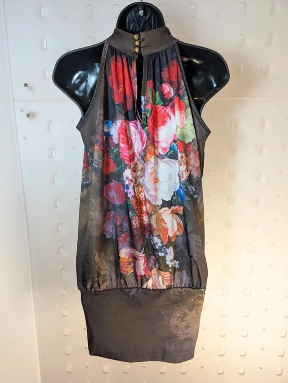 Dark Floral Halter Neck Mini Dress – Keyhole Back – Made in Spain – UK S