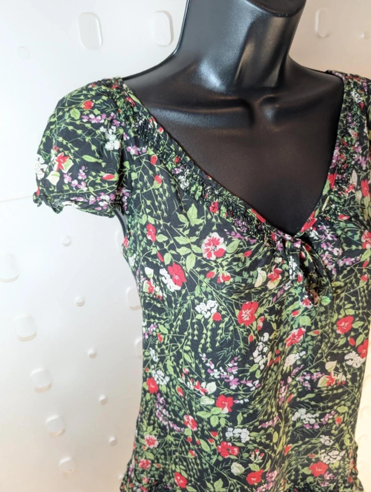 Black Ditsy Floral Blouse – Tie Neck Ruched Front – Lightweight – UK 8