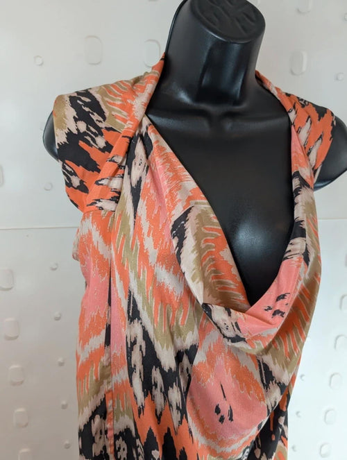 AllSaints Audrina Silk Top Asymmetric Drape Coral Black UK6