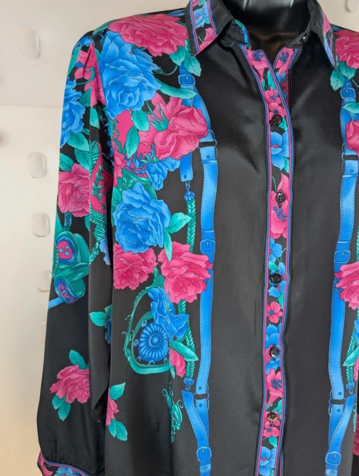 Dae Ho Vintage Floral Equestrian Blouse – Black – Puff Sleeve – UK 10/12