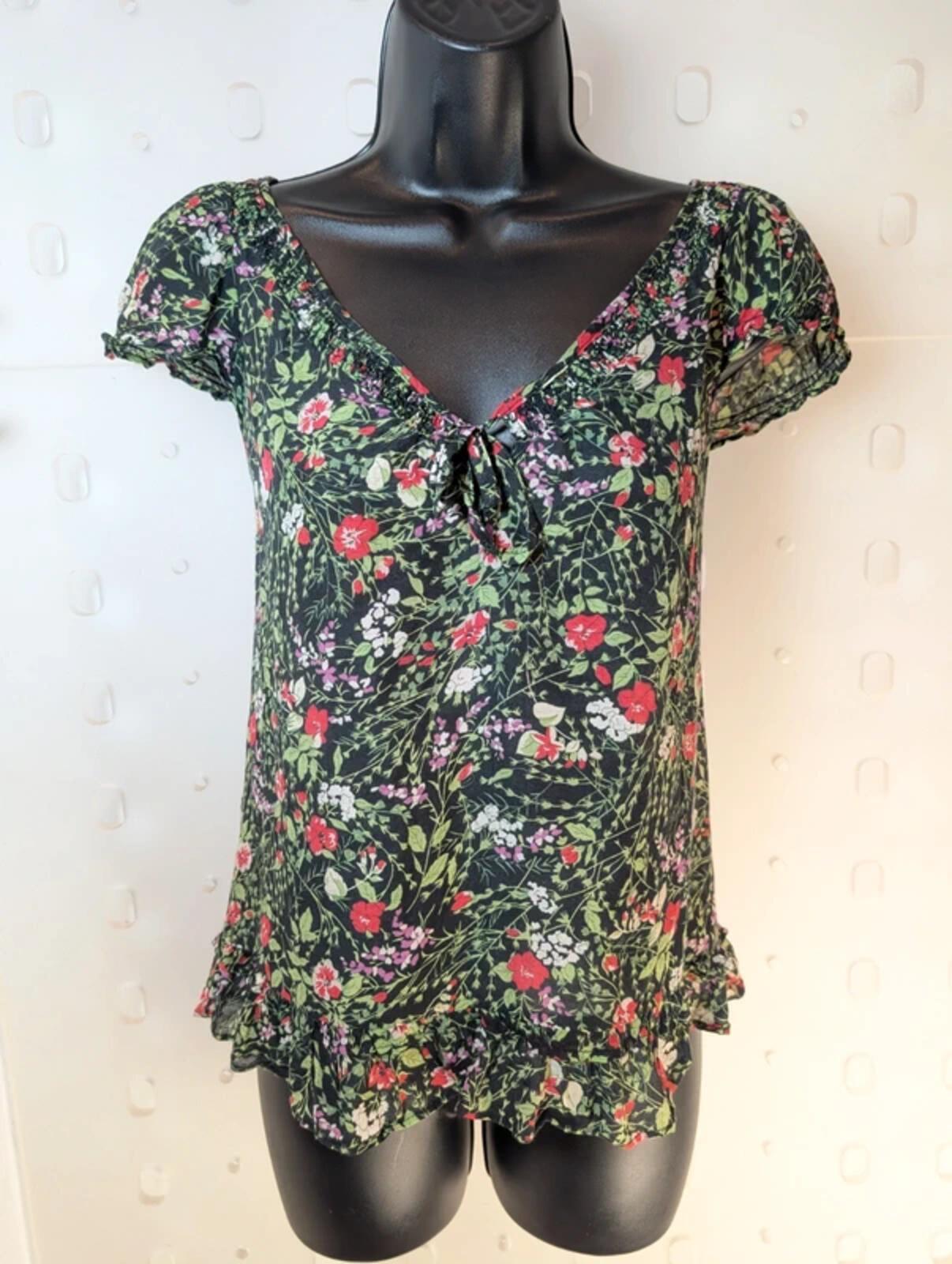 Black Ditsy Floral Blouse – Tie Neck Ruched Front – Lightweight – UK 8