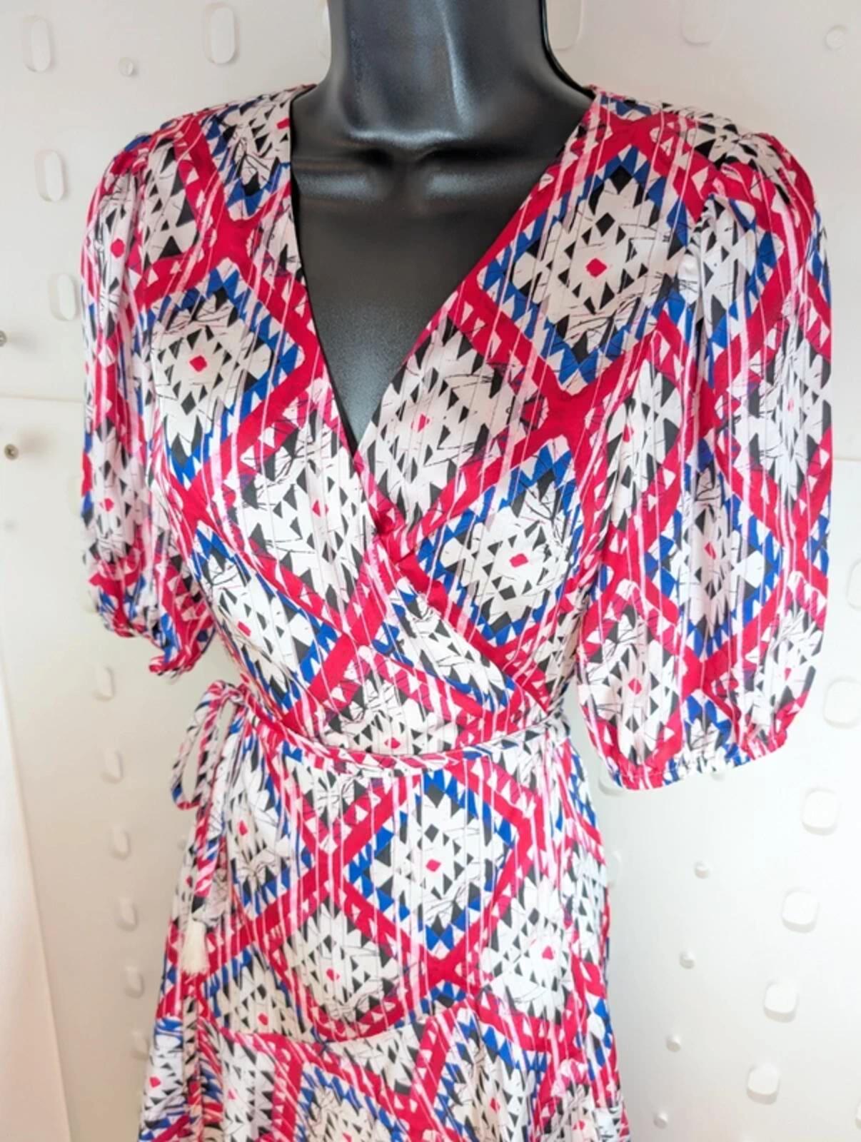 Guess Satin Wrap Dress – Puff Sleeve Tie Waist – Printed Midi – S