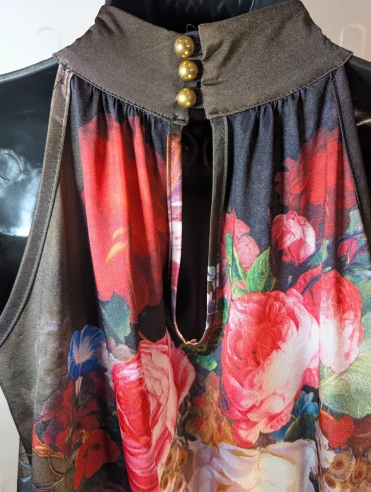 Dark Floral Halter Neck Mini Dress – Keyhole Back – Made in Spain – UK S